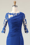 Royal Blue Mermaid Appliqued Ruched Mother of the Bride Dress with Sleeves
