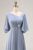 Dusty Blue A Line Asymmetrical Neck Mother Of The Bride Dress With Sleeves
