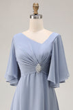 Dusty Blue A Line Asymmetrical Neck Mother Of The Bride Dress With Sleeves