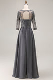 Steel Grey Appliqued A Line Pleated Beaded Mother Of The Bride Dress with Half Sleeves