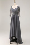 Steel Grey Appliqued A Line Pleated Beaded Mother Of The Bride Dress with Half Sleeves