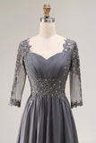 Steel Grey Appliqued A Line Pleated Beaded Mother Of The Bride Dress with Half Sleeves