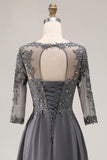 Steel Grey Appliqued A Line Pleated Beaded Mother Of The Bride Dress with Half Sleeves
