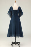 Navy Ruched A Line Midi Mother of the Bride Dress with Rhinestones