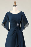 Navy Ruched A Line Midi Mother of the Bride Dress with Rhinestones