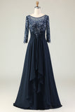 Navy Appliqued A Line Long Mother of the Bride Dress with Sleeves