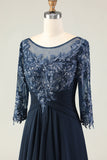 Navy Appliqued A Line Long Mother of the Bride Dress with Sleeves