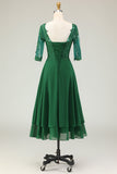 Green A Line Appliqued Midi Mother of the Bride Dress with Sleeves
