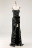 Black Mermaid Beaded Spaghetti Straps Rhinestone Side Bow Long Prom Dress with Slit