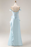 Light Blue Off The Shoulder Ruffled Mermaid Satin Long Bridesmaid Dress with Slit