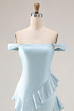Light Blue Off The Shoulder Ruffled Mermaid Satin Long Bridesmaid Dress with Slit