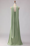 Strapless Dusty Sage Mermaid Satin Long Bridesmaid Dress with a Neck Scarf