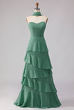 Green A-Line Ruffled Sweetheart Long Bridesmaid Dress with a Neck Scarf