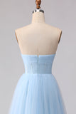 Blue Strapless Chiffon A Line Corset Long Bridesmaid Dress