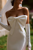 Strapless White Bodycon Short Wedding Dress with Bow（without Gloves）
