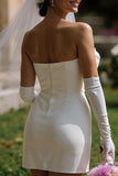 Strapless White Bodycon Short Wedding Dress with Bow（without Gloves）