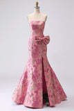 Fuchsia Mermaid Bow Strapless Jacquard Long Ball Dress with Slit