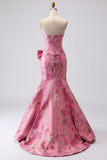 Fuchsia Mermaid Bow Strapless Jacquard Long Ball Dress with Slit