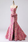 Fuchsia Mermaid Bow Strapless Jacquard Long Ball Dress with Slit