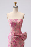 Fuchsia Mermaid Bow Strapless Jacquard Long Ball Dress with Slit