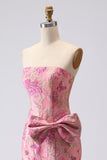 Fuchsia Mermaid Bow Strapless Jacquard Long Ball Dress with Slit