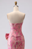 Fuchsia Mermaid Bow Strapless Jacquard Long Ball Dress with Slit