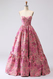 Fuchsia Jacquard A Line Corset Strapless Long Ball Dress