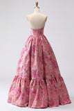Fuchsia Jacquard A Line Corset Strapless Long Ball Dress