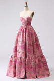 Fuchsia Jacquard A Line Corset Strapless Long Ball Dress