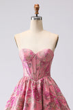 Fuchsia Jacquard A Line Corset Strapless Long Ball Dress
