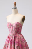 Fuchsia Jacquard A Line Corset Strapless Long Ball Dress