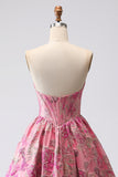 Fuchsia Jacquard A Line Corset Strapless Long Ball Dress