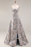 Silver Jacquard Strapless A Line Corset Long Ball Dress with Slit