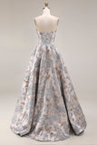 Silver Jacquard Strapless A Line Corset Long Ball Dress with Slit