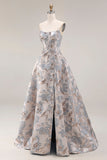Silver Jacquard Strapless A Line Corset Long Ball Dress with Slit