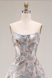 Silver Jacquard Strapless A Line Corset Long Ball Dress with Slit