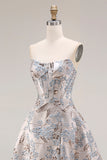 Silver Jacquard Strapless A Line Corset Long Ball Dress with Slit