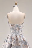 Silver Jacquard Strapless A Line Corset Long Ball Dress with Slit