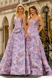 Strapless Lilac A-Line Ruched Jacquard Satin Brocade Long Ball Dress with Bow
