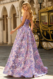 Strapless Lilac A-Line Ruched Jacquard Satin Brocade Long Ball Dress with Bow