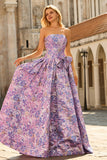 Strapless Lilac A-Line Ruched Jacquard Satin Brocade Long Ball Dress with Bow