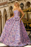 Strapless Lilac A-Line Ruched Jacquard Satin Brocade Long Ball Dress with Bow