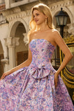 Strapless Lilac A-Line Ruched Jacquard Satin Brocade Long Ball Dress with Bow