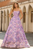 Lilac Strapless Jacquard A-Line Corset Brocade Long Ball Dress