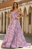 Lilac Strapless Jacquard A-Line Corset Brocade Long Ball Dress