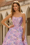 Lilac Strapless Jacquard A-Line Corset Brocade Long Ball Dress
