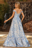 Light Blue A-Line Off The Shoulder Jacquard Brocade Convertible Long Ball Dress