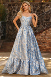 Light Blue A-Line Off The Shoulder Jacquard Brocade Convertible Long Ball Dress