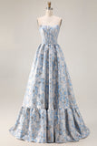 Off The Shoulder Light Blue A-Line Jacquard Convertible Long Prom Dress