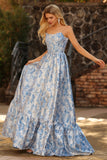 Light Blue A-Line Off The Shoulder Jacquard Brocade Convertible Long Ball Dress